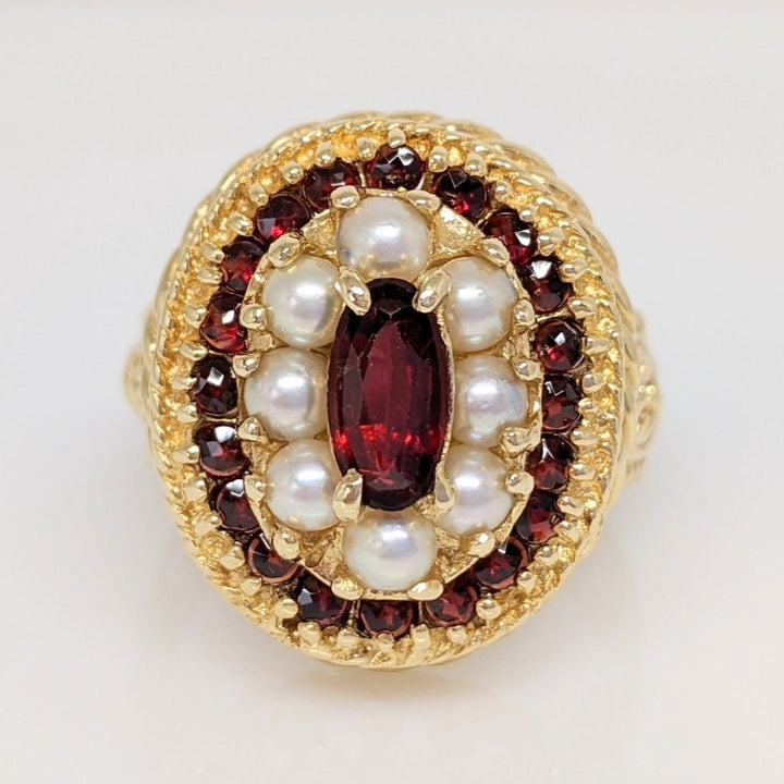 14K GARNET OVAL 4X8 WITH ROUND GARNET AND PEARL ESTATE RING 10.9 GRAMS