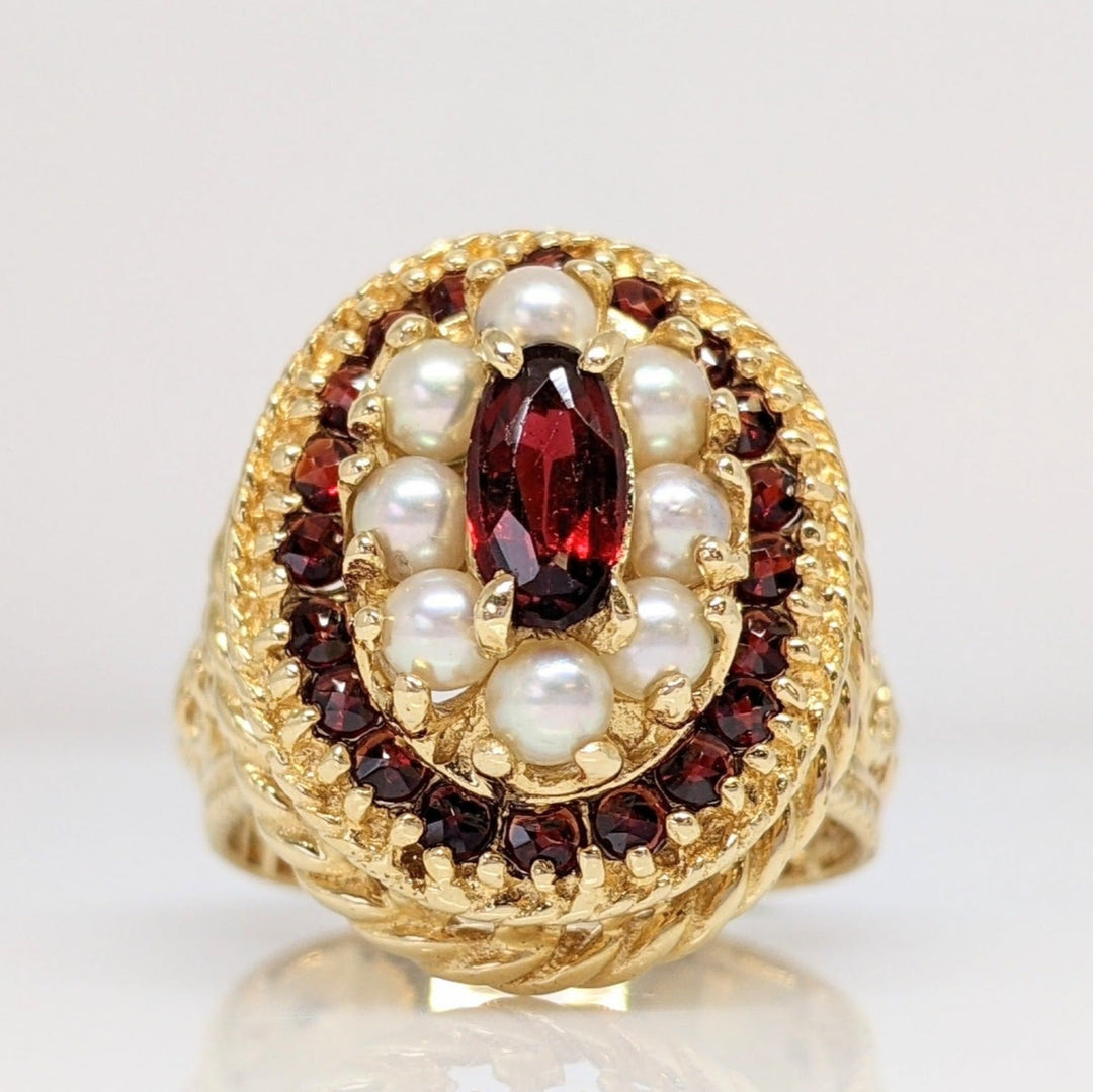 14K GARNET OVAL 4X8 WITH ROUND GARNET AND PEARL ESTATE RING 10.9 GRAMS
