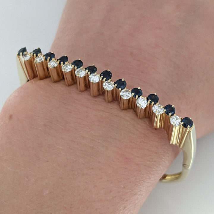 14K 1.10 CARAT TOTAL WEIGHT VS2 J DIAMOND ROUND (10) 1.00CTW SAPPHIRE ROUND (10) ESTATE BANGLE 14.6 GRAMS