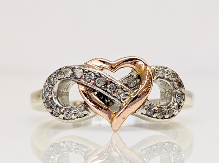 STERLING SILVER/ 10K ROSE DIAMOND ROUND (22) INFINITY WITH HEART ESTATE RING 3.5 GRAMS