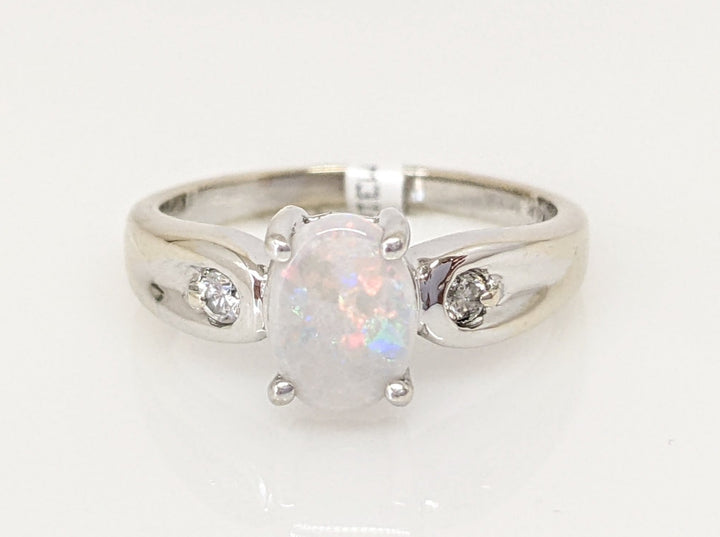 14K WHITE OPAL OVAL 5X7 WITH CUBIC ZIRCONIA ESTATE RING 2.6 GRAMS