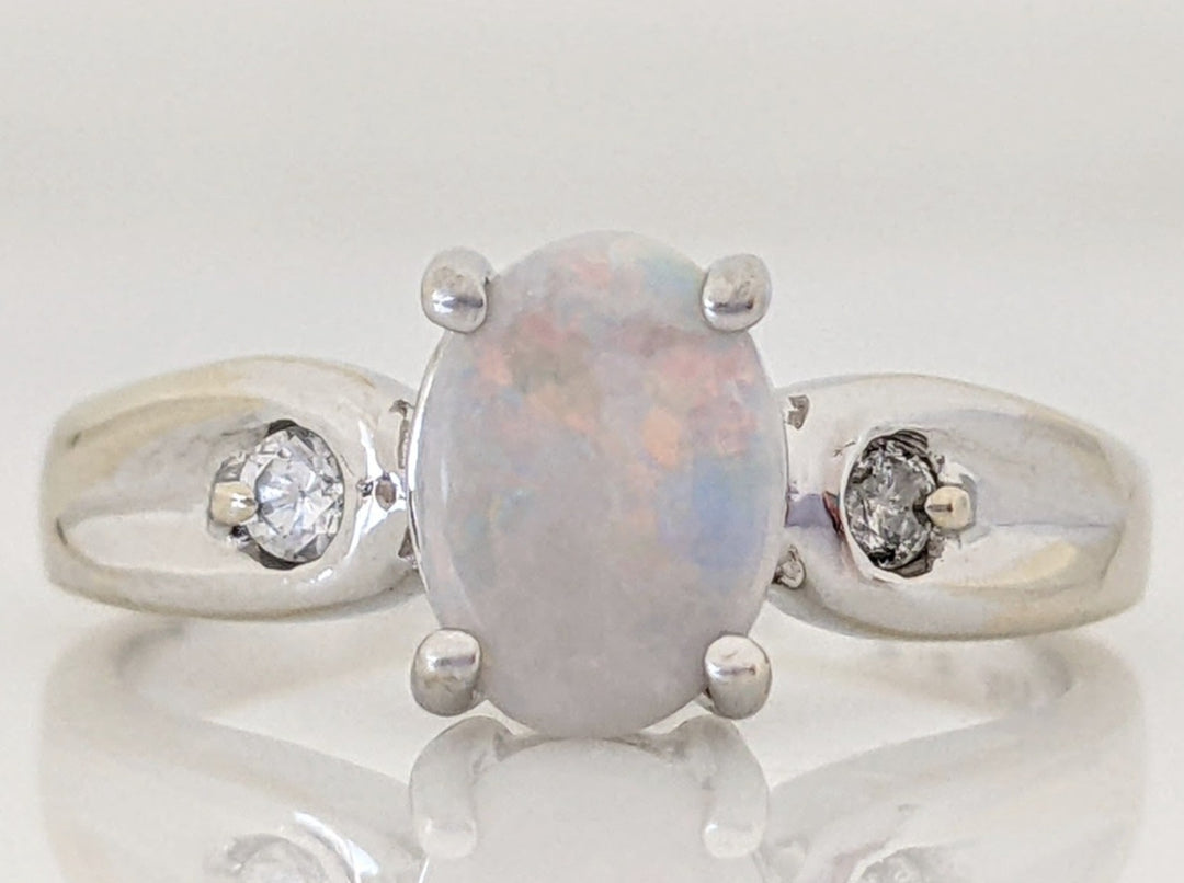 14K WHITE OPAL OVAL 5X7 WITH CUBIC ZIRCONIA ESTATE RING 2.6 GRAMS