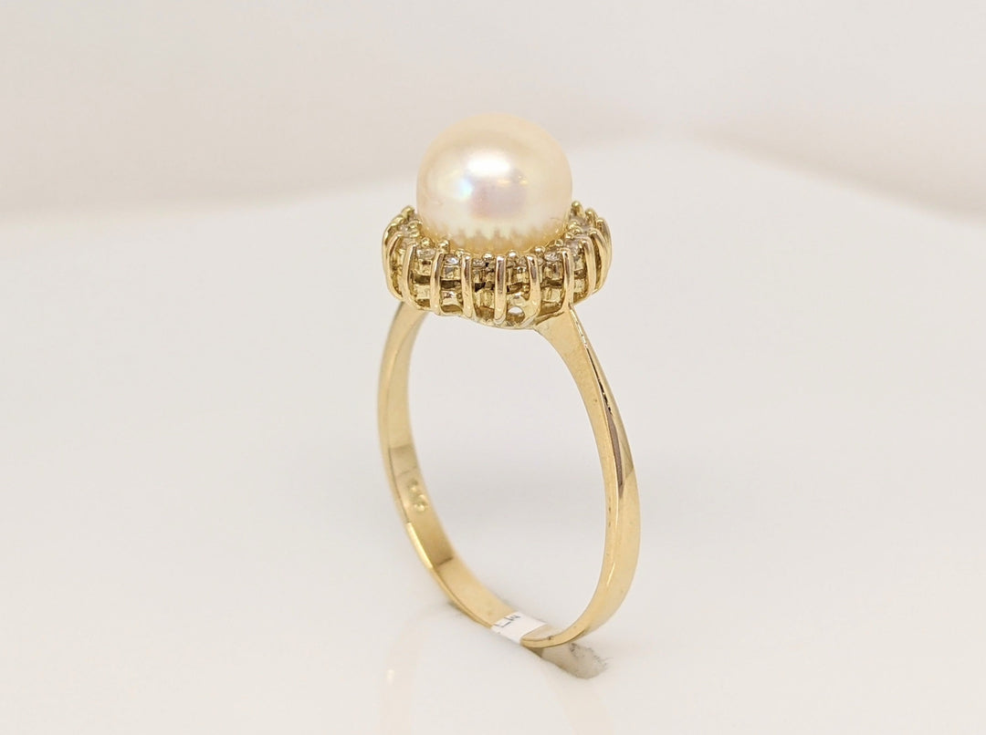 14K PEARL ROUND 7.5MM WITH DIAMOND HALO ESTATE RING 2.8 GRAMS