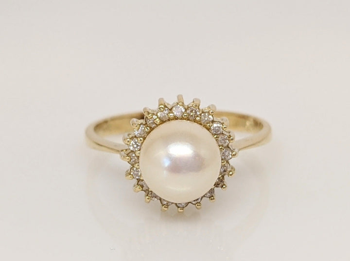 14K PEARL ROUND 7.5MM WITH DIAMOND HALO ESTATE RING 2.8 GRAMS