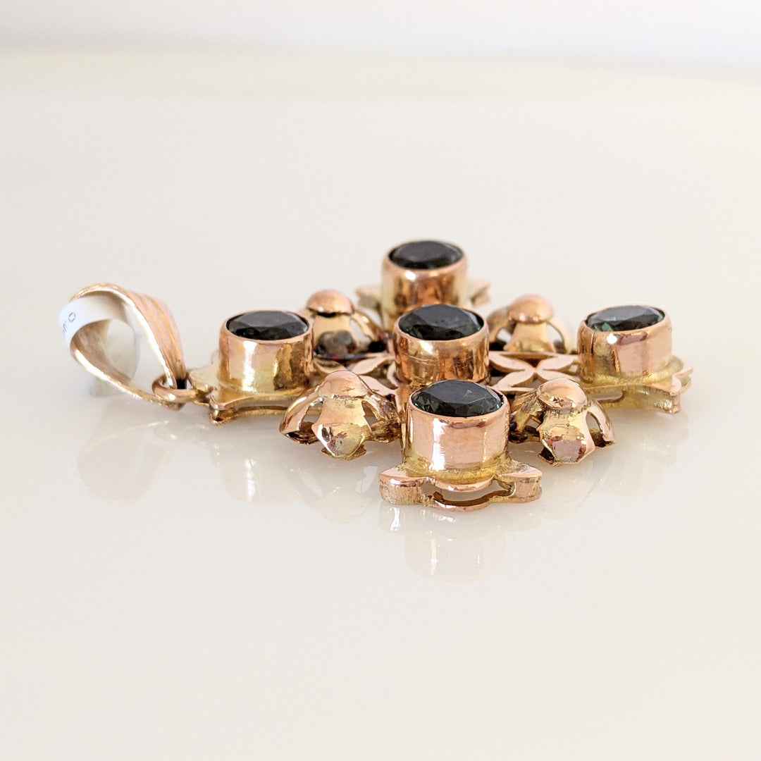 14K GREEN SPINEL ROUND (5) 5MM ESTATE CROSS PENDANT 7.0 GRAMS