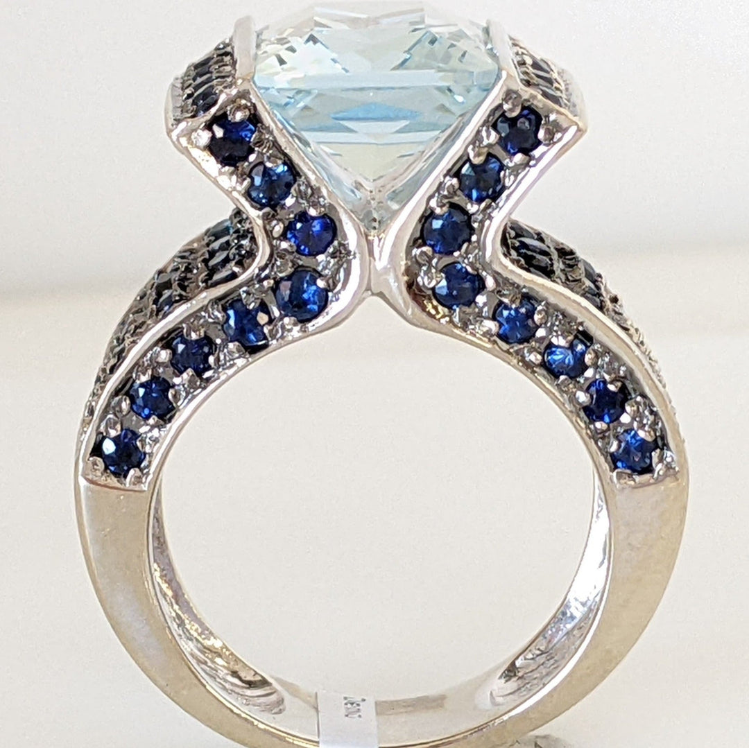 14K WHITE LAB-CREATED AQUAMARINE CUSHION CUT 10X12 WITH (92) LONDON BLUE TOPAZ ESTATE RING 14.6 GRAMS