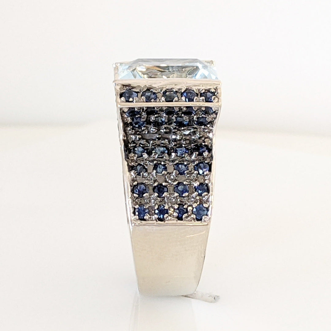 14K WHITE LAB-CREATED AQUAMARINE CUSHION CUT 10X12 WITH (92) LONDON BLUE TOPAZ ESTATE RING 14.6 GRAMS