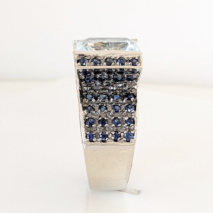 14K WHITE LAB-CREATED AQUAMARINE CUSHION CUT 10X12 WITH (92) LONDON BLUE TOPAZ ESTATE RING 14.6 GRAMS