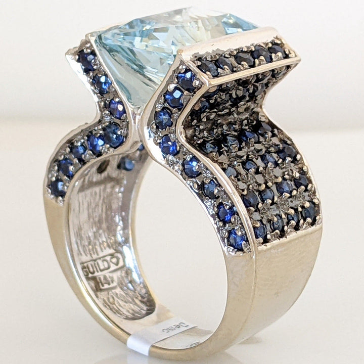 14K WHITE LAB-CREATED AQUAMARINE CUSHION CUT 10X12 WITH (92) LONDON BLUE TOPAZ ESTATE RING 14.6 GRAMS