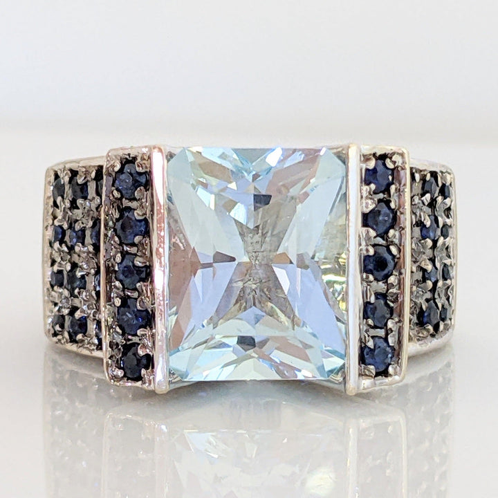 14K WHITE LAB-CREATED AQUAMARINE CUSHION CUT 10X12 WITH (92) LONDON BLUE TOPAZ ESTATE RING 14.6 GRAMS
