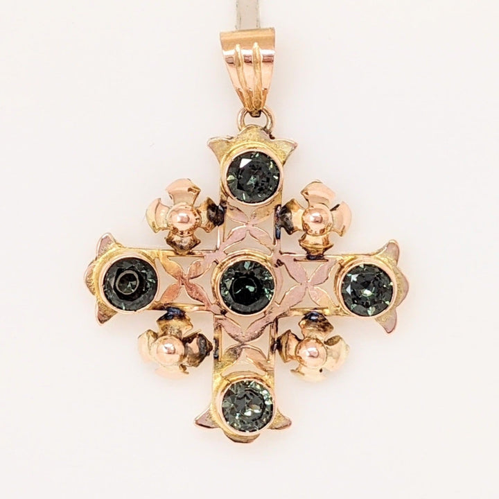 14K GREEN SPINEL ROUND (5) 5MM ESTATE CROSS PENDANT 7.0 GRAMS