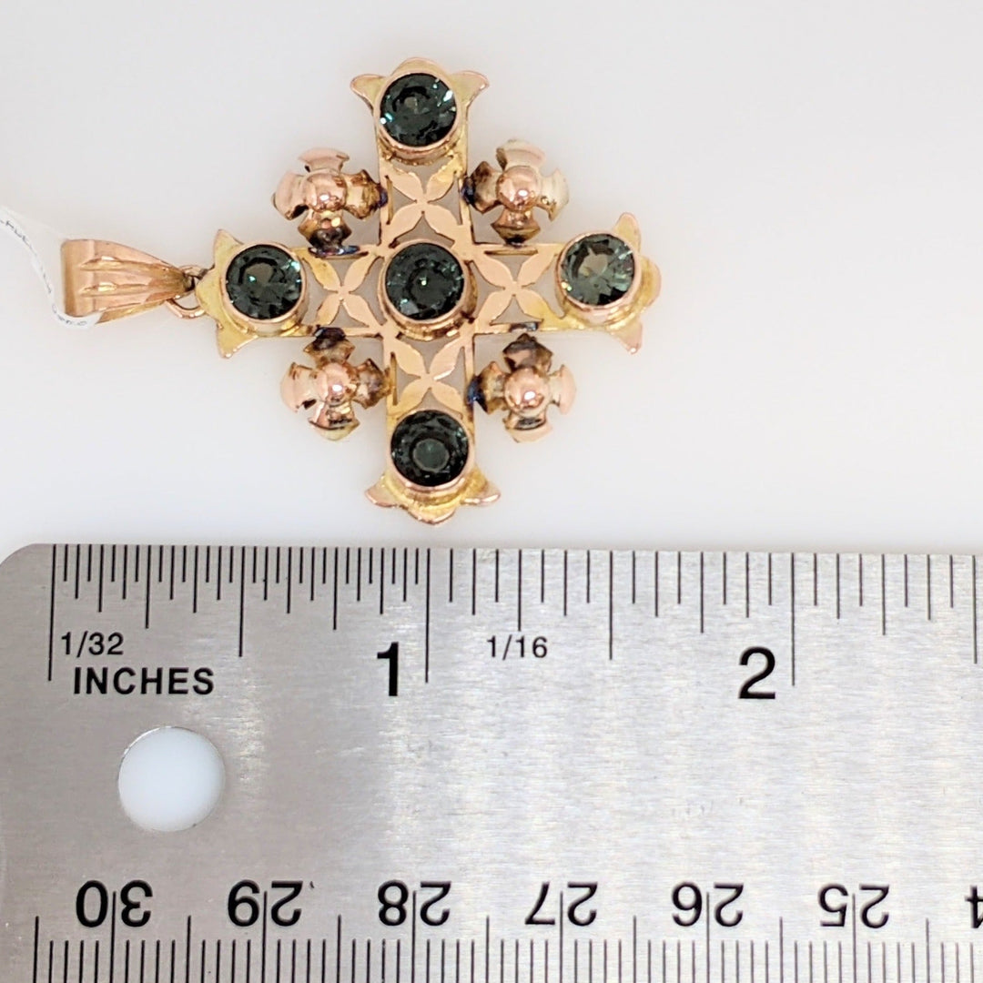 14K GREEN SPINEL ROUND (5) 5MM ESTATE CROSS PENDANT 7.0 GRAMS