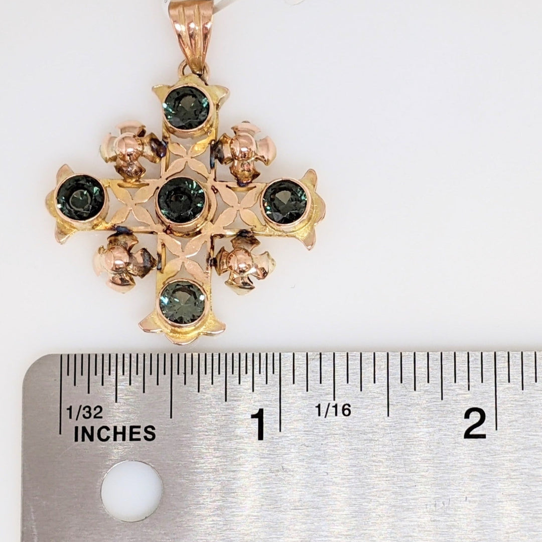 14K GREEN SPINEL ROUND (5) 5MM ESTATE CROSS PENDANT 7.0 GRAMS