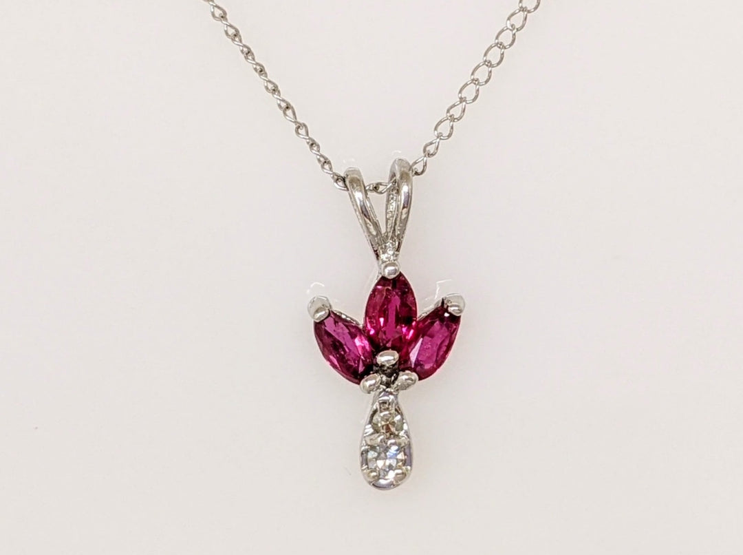 14K WHITE RUBY MARQUISE 2X4 (3) WITH (2) MELEE ESTATE PENDANT & CHAIN 1.3 GRAMS