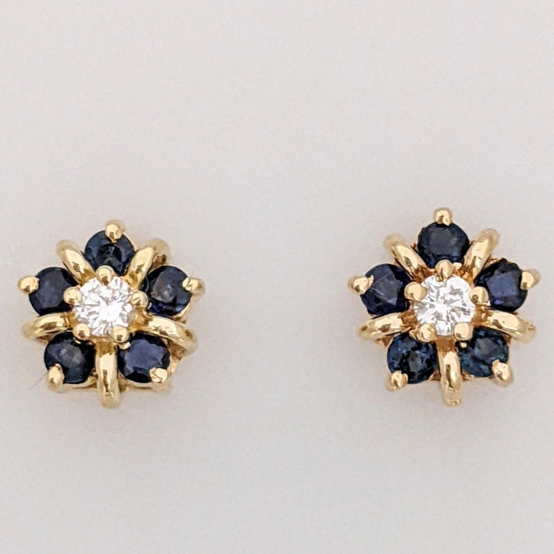 14K .10 CARAT TOTAL WEIGHT I1 I DIAMOND ROUND (2) SAPPHIRE (10) 2MM ESTATE CLUSTER EARRINGS 1.8 GRAMS