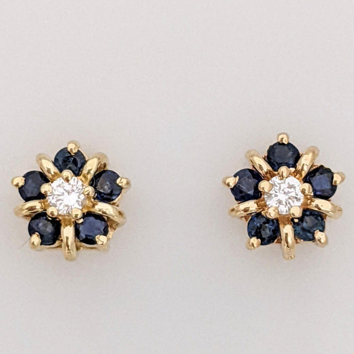 14K .10 CARAT TOTAL WEIGHT I1 I DIAMOND ROUND (2) SAPPHIRE (10) 2MM ESTATE CLUSTER EARRINGS 1.8 GRAMS