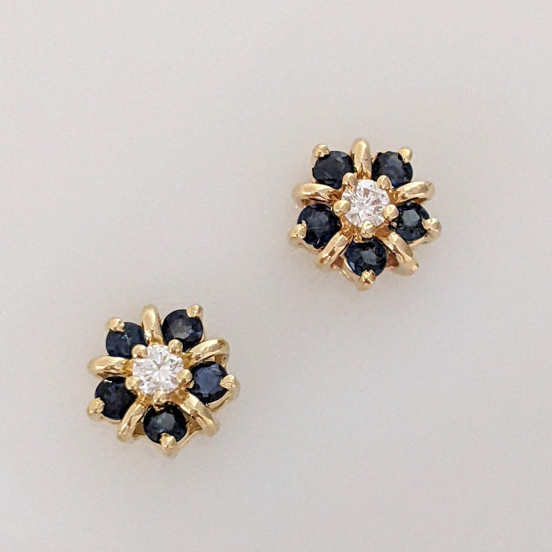 14K .10 CARAT TOTAL WEIGHT I1 I DIAMOND ROUND (2) SAPPHIRE (10) 2MM ESTATE CLUSTER EARRINGS 1.8 GRAMS