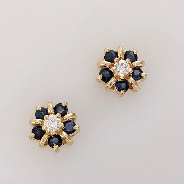 14K .10 CARAT TOTAL WEIGHT I1 I DIAMOND ROUND (2) SAPPHIRE (10) 2MM ESTATE CLUSTER EARRINGS 1.8 GRAMS