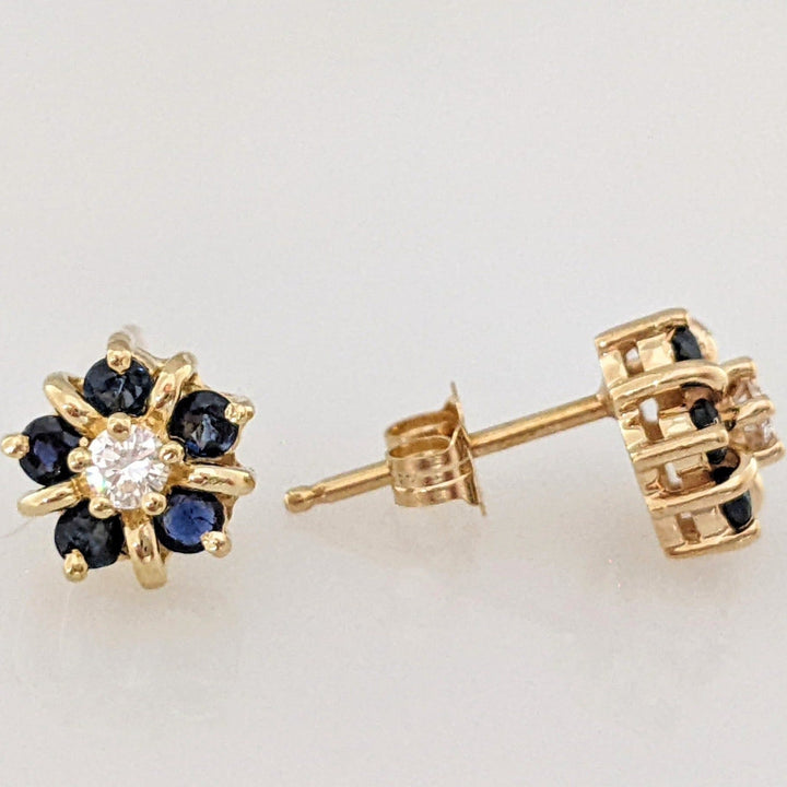 14K .10 CARAT TOTAL WEIGHT I1 I DIAMOND ROUND (2) SAPPHIRE (10) 2MM ESTATE CLUSTER EARRINGS 1.8 GRAMS