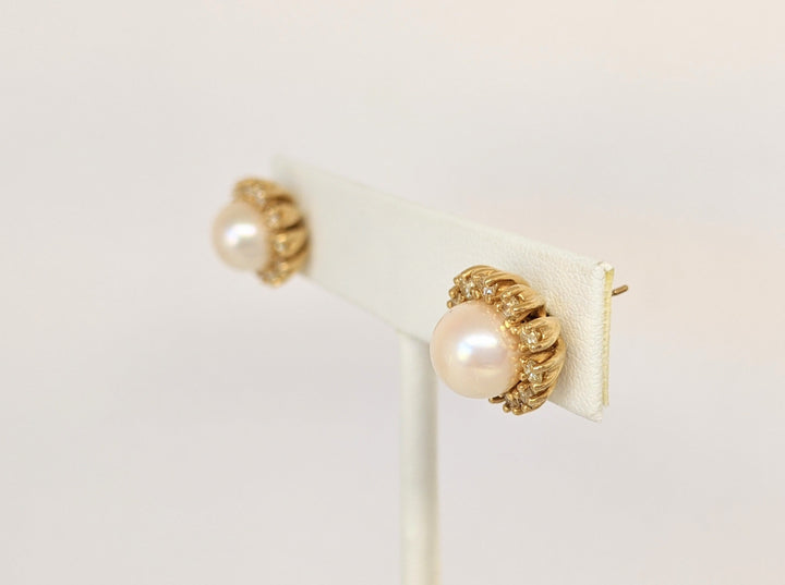 14K PEARL ROUND 8.5MM WITH .66DTW (22) HALO ESTATE EARRINGS 5.9 GRAMS