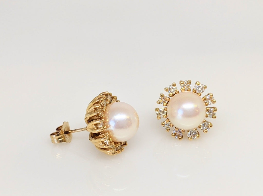 14K PEARL ROUND 8.5MM WITH .66DTW (22) HALO ESTATE EARRINGS 5.9 GRAMS