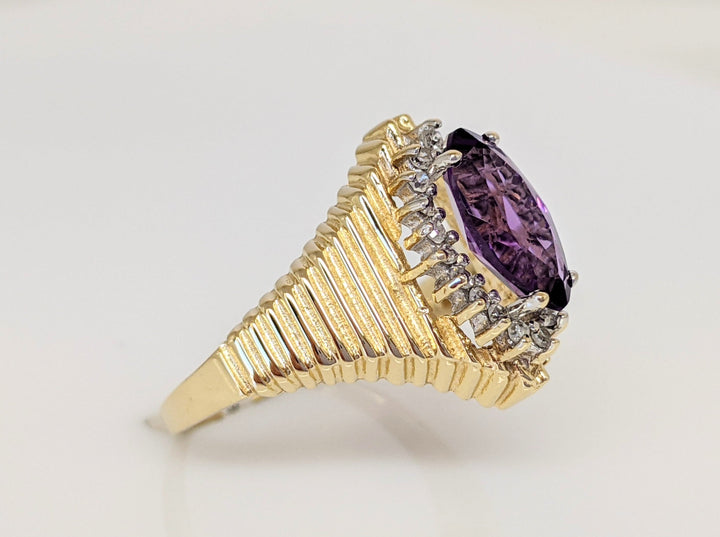 14K AMETHYST MARQUISE 5X10 WITH DIAMOND HALO RIBBED ESTATE RING 4.5 GRAMS