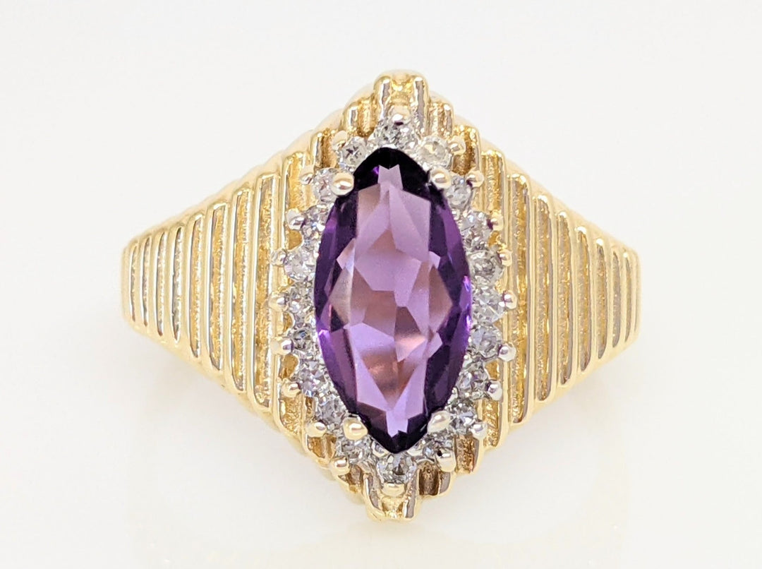 14K AMETHYST MARQUISE 5X10 WITH DIAMOND HALO RIBBED ESTATE RING 4.5 GRAMS