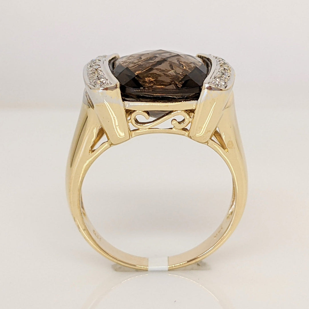 14K SMOKEY QUARTZ 12X12 CUSHION CUT WITH .12 DIAMOND TOTAL WEIGHT ESTATE RING 6.3 GRAMS