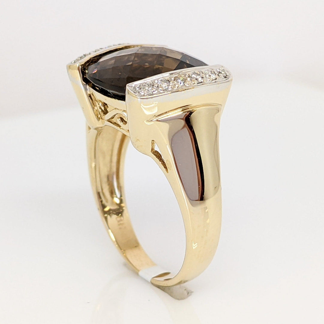 14K SMOKEY QUARTZ 12X12 CUSHION CUT WITH .12 DIAMOND TOTAL WEIGHT ESTATE RING 6.3 GRAMS
