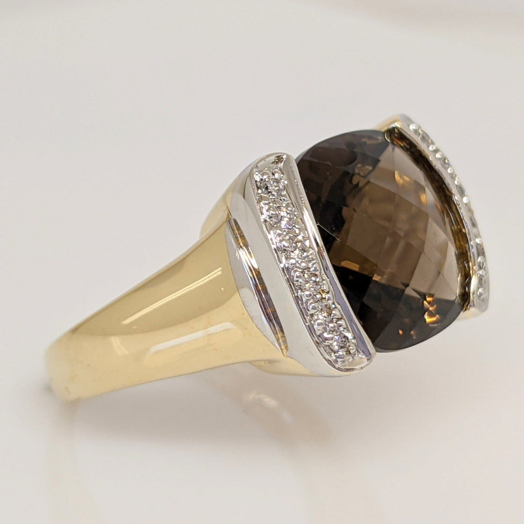 14K SMOKEY QUARTZ 12X12 CUSHION CUT WITH .12 DIAMOND TOTAL WEIGHT ESTATE RING 6.3 GRAMS