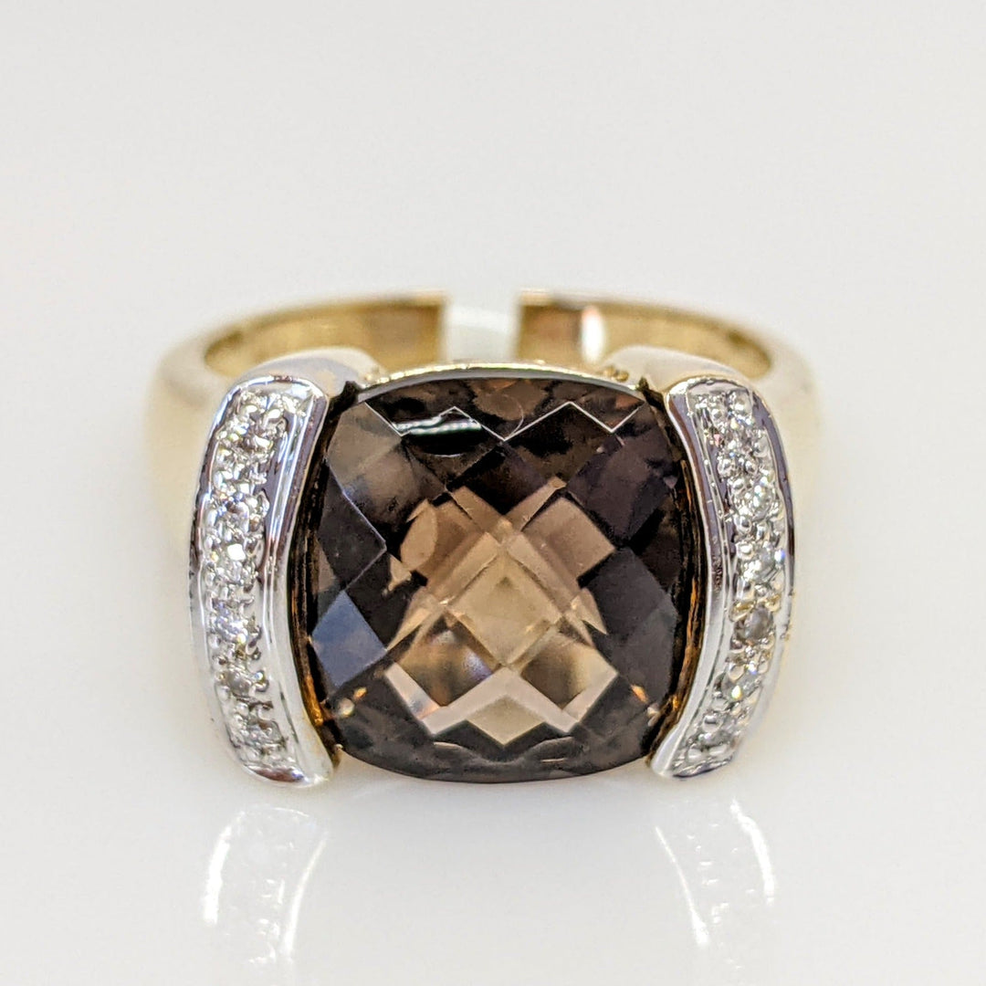 14K SMOKEY QUARTZ 12X12 CUSHION CUT WITH .12 DIAMOND TOTAL WEIGHT ESTATE RING 6.3 GRAMS