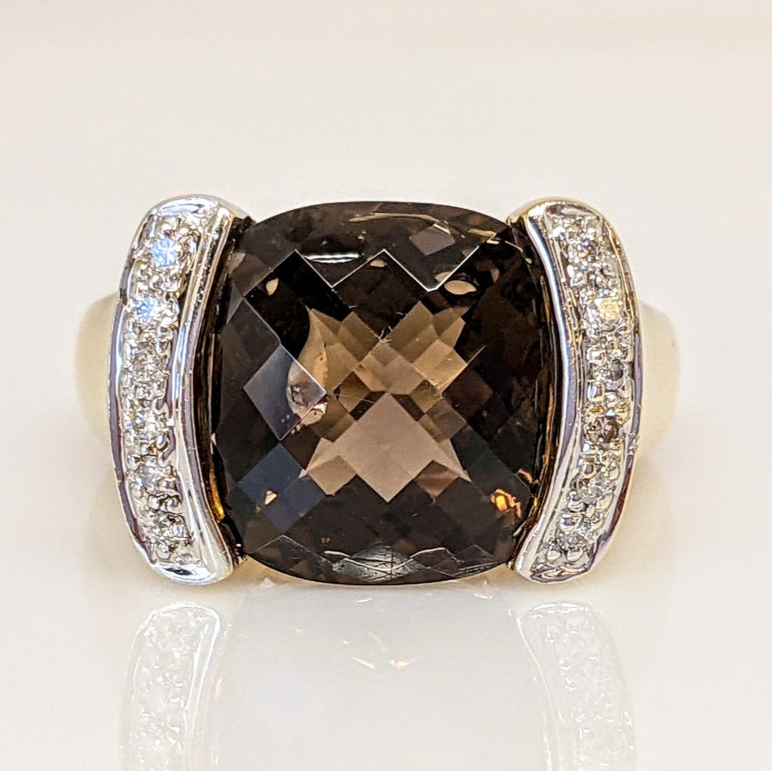 14K SMOKEY QUARTZ 12X12 CUSHION CUT WITH .12 DIAMOND TOTAL WEIGHT ESTATE RING 6.3 GRAMS