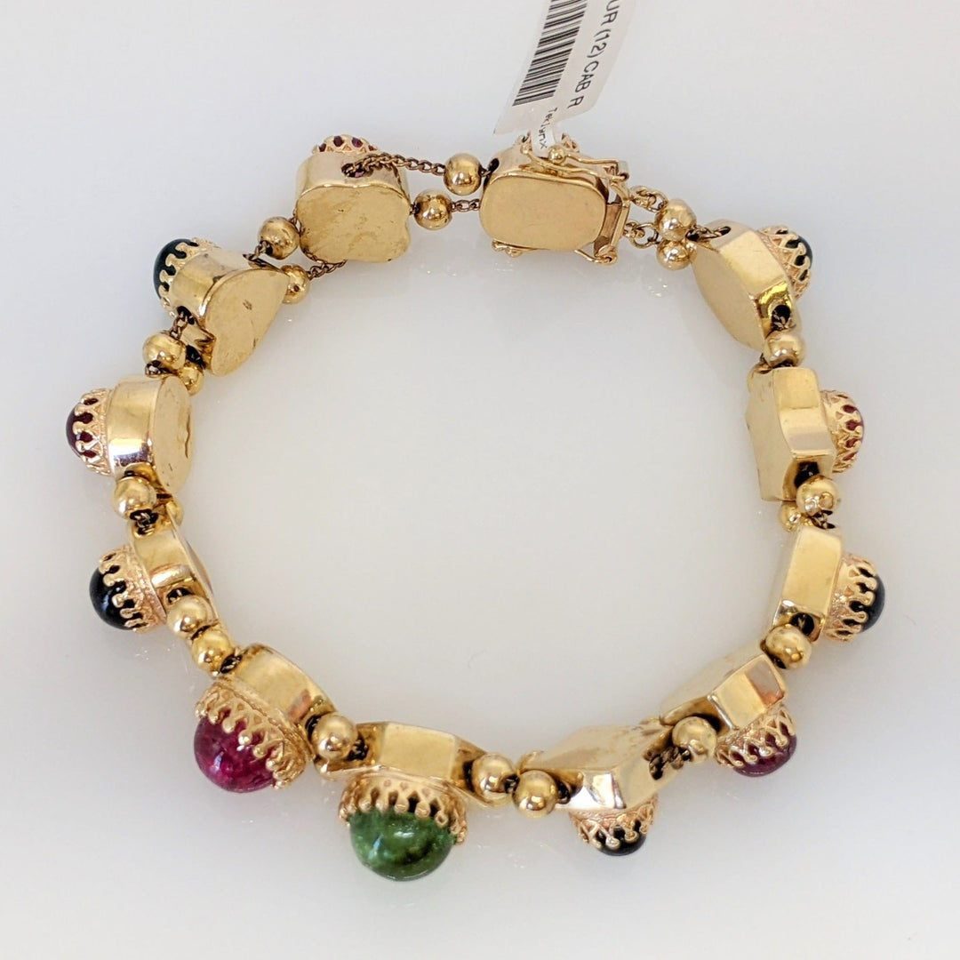 14K GREEN / PINK/ BLUE TOURMALINE (12) CABACHON ROUND AND OVAL ESTATE BRACELET 37.0 GRAMS