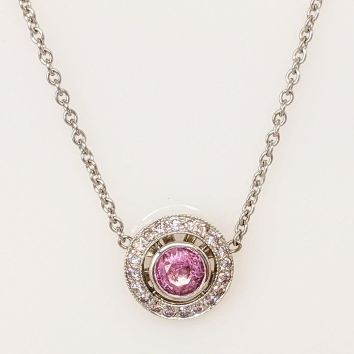 14K WHITE PINK SAPPHIRE ROUND 5.5MM WITH .21 DIAMOND TOTAL WEIGHT ESTATE NECKLACE 4.1 GRAMS