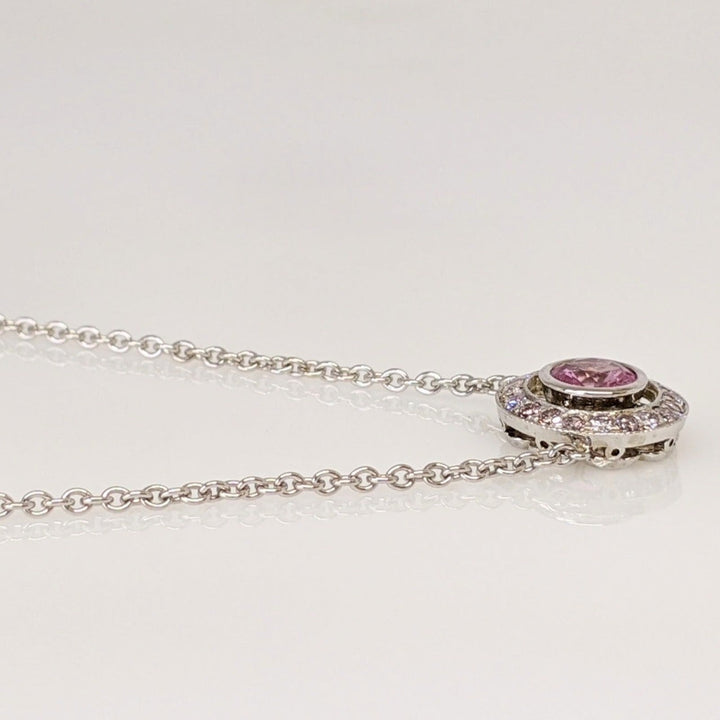 14K WHITE PINK SAPPHIRE ROUND 5.5MM WITH .21 DIAMOND TOTAL WEIGHT ESTATE NECKLACE 4.1 GRAMS