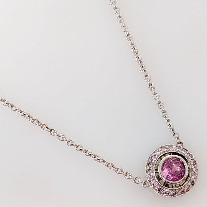 14K WHITE PINK SAPPHIRE ROUND 5.5MM WITH .21 DIAMOND TOTAL WEIGHT ESTATE NECKLACE 4.1 GRAMS