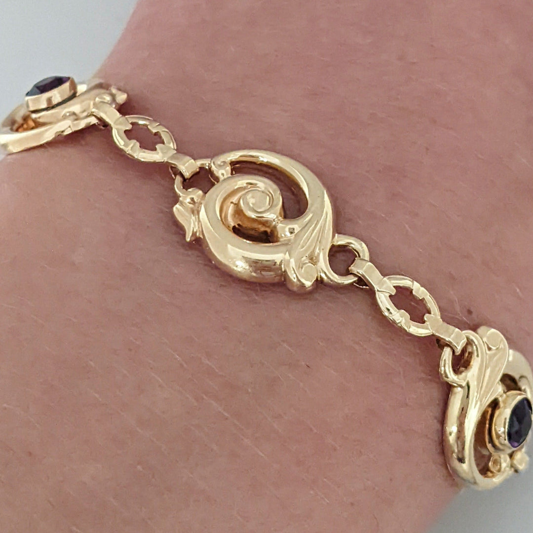 14k AMETHYST ROUND (3) BEZEL CIRCLE ESTATE BRACELET 7.8 GRAMS