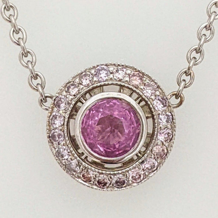 14K WHITE PINK SAPPHIRE ROUND 5.5MM WITH .21 DIAMOND TOTAL WEIGHT ESTATE NECKLACE 4.1 GRAMS