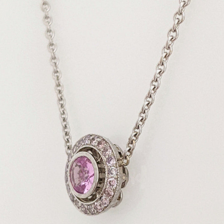 14K WHITE PINK SAPPHIRE ROUND 5.5MM WITH .21 DIAMOND TOTAL WEIGHT ESTATE NECKLACE 4.1 GRAMS