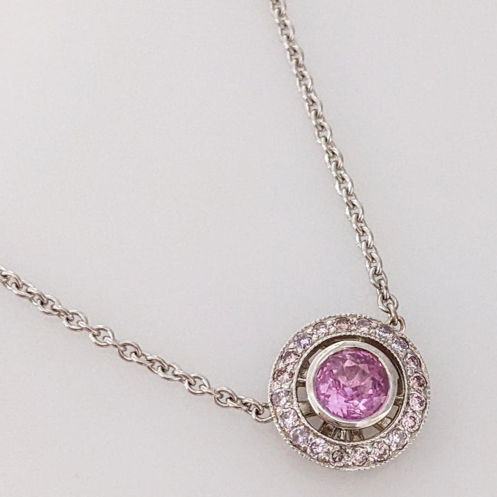 14K WHITE PINK SAPPHIRE ROUND 5.5MM WITH .21 DIAMOND TOTAL WEIGHT ESTATE NECKLACE 4.1 GRAMS