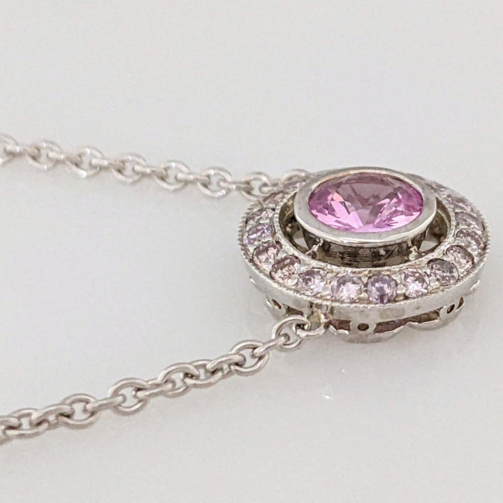 14K WHITE PINK SAPPHIRE ROUND 5.5MM WITH .21 DIAMOND TOTAL WEIGHT ESTATE NECKLACE 4.1 GRAMS