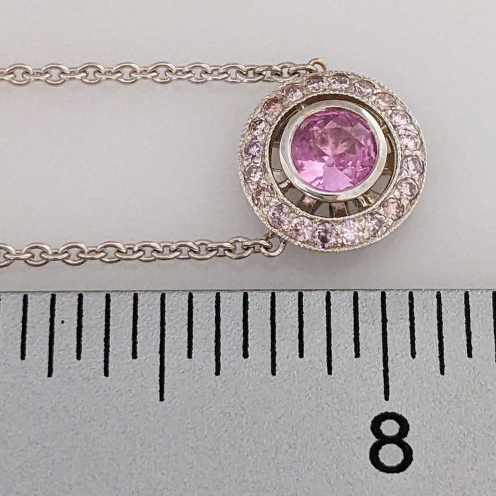14K WHITE PINK SAPPHIRE ROUND 5.5MM WITH .21 DIAMOND TOTAL WEIGHT ESTATE NECKLACE 4.1 GRAMS