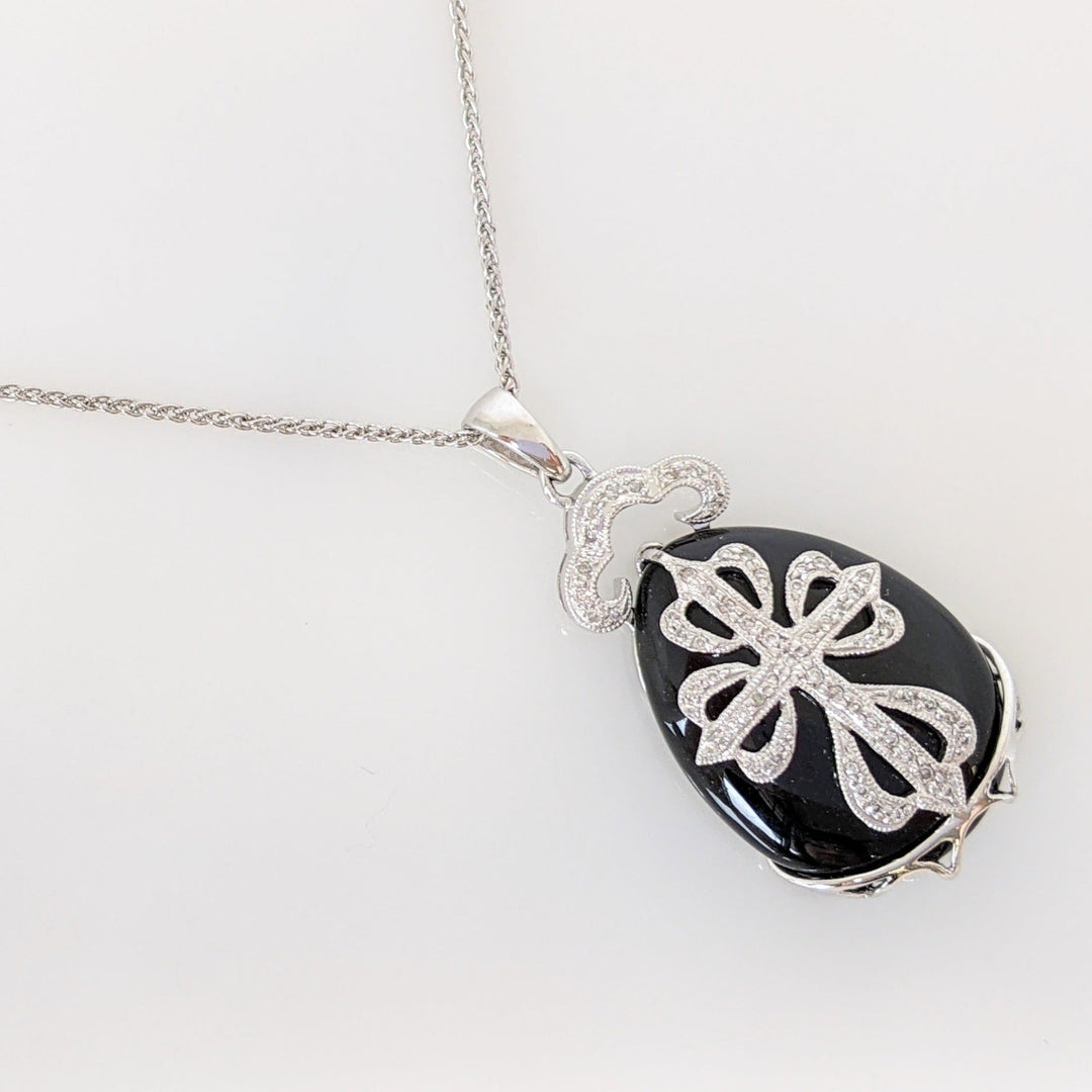 18K WHITE ONYX PEAR 17X22 WITH MELEE ESTATE PENDANT & CHAIN 9.0 GRAMS