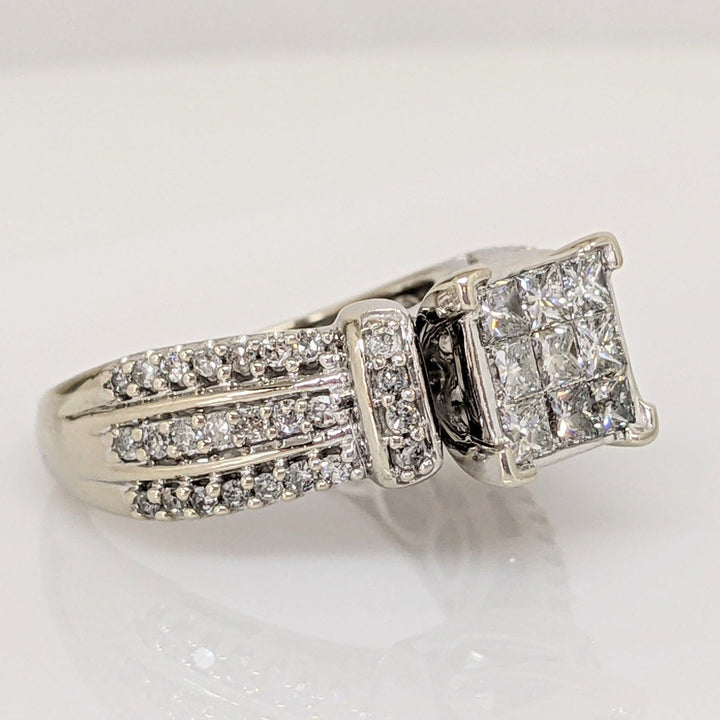 10K WHITE 1.00 CARAT TOTAL WEIGHT I1 H DIAMOND PRINCESS CUT (9) CENTER WITH (50) MELEE ESTATE RING 6.1 GRAMS