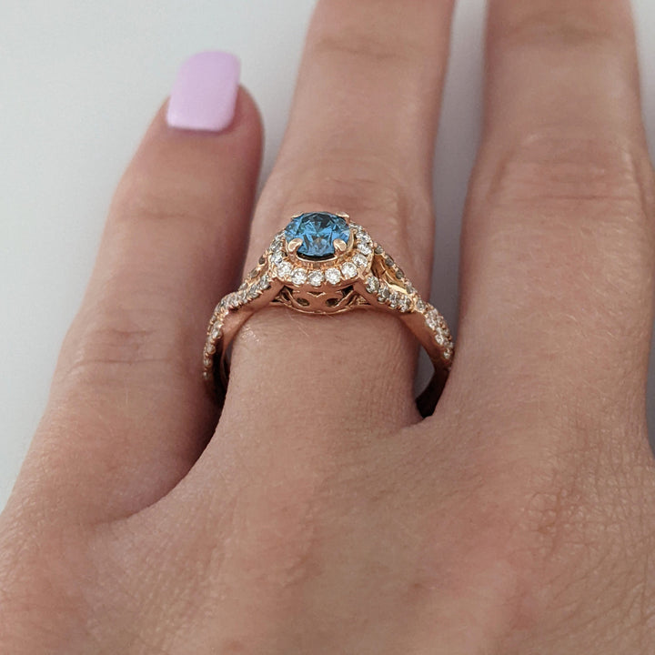14K ROSE .97 CARAT TOTAL WEIGHT SI2 I (32) BLUE (1) ESTATE DIAMOND RING 3.7 GRAMS