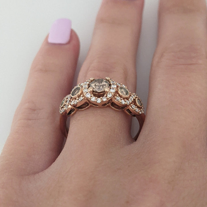 14K ROSE 1.02 CARAT TOTAL WEIGHT SI2 H (52) BROWN (5) ESTATE DIAMOND RING 3.4 GRAMS