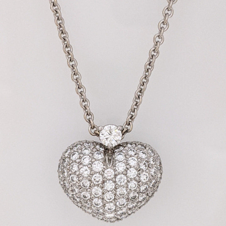 18K WHITE 2.85 CARAT TOTAL WEIGHT SI2 H DIAMOND ROUND (91) PUFF HEART NECKLACE 11.8 GRAMS