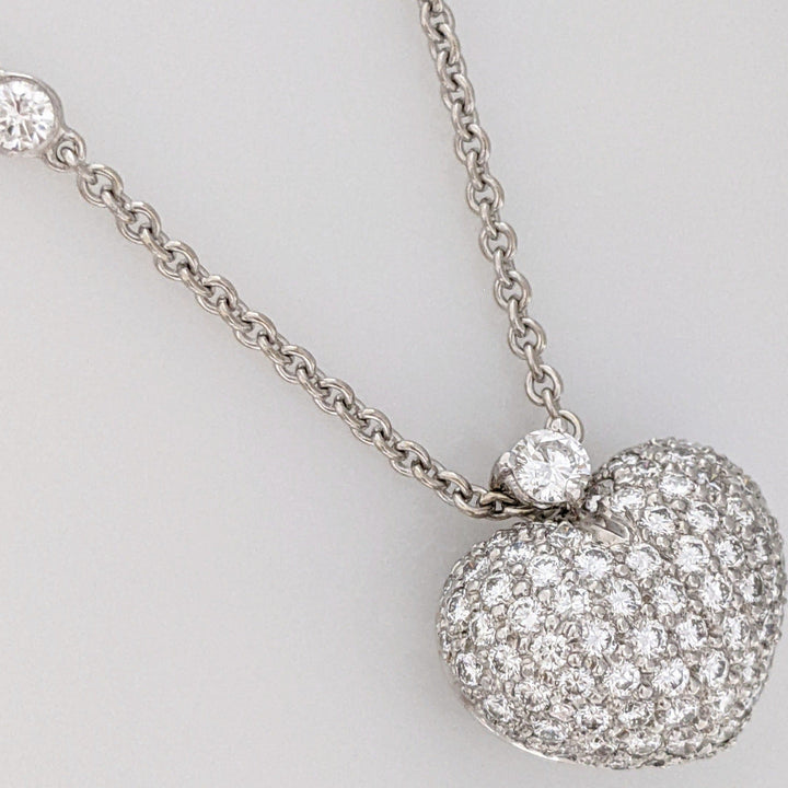 18K WHITE 2.85 CARAT TOTAL WEIGHT SI2 H DIAMOND ROUND (91) PUFF HEART NECKLACE 11.8 GRAMS