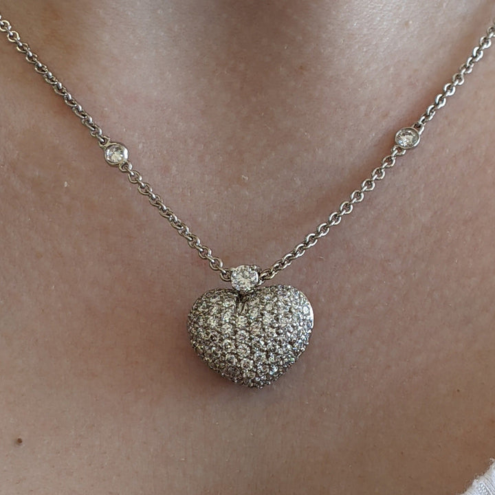 18K WHITE 2.85 CARAT TOTAL WEIGHT SI2 H DIAMOND ROUND (91) PUFF HEART NECKLACE 11.8 GRAMS