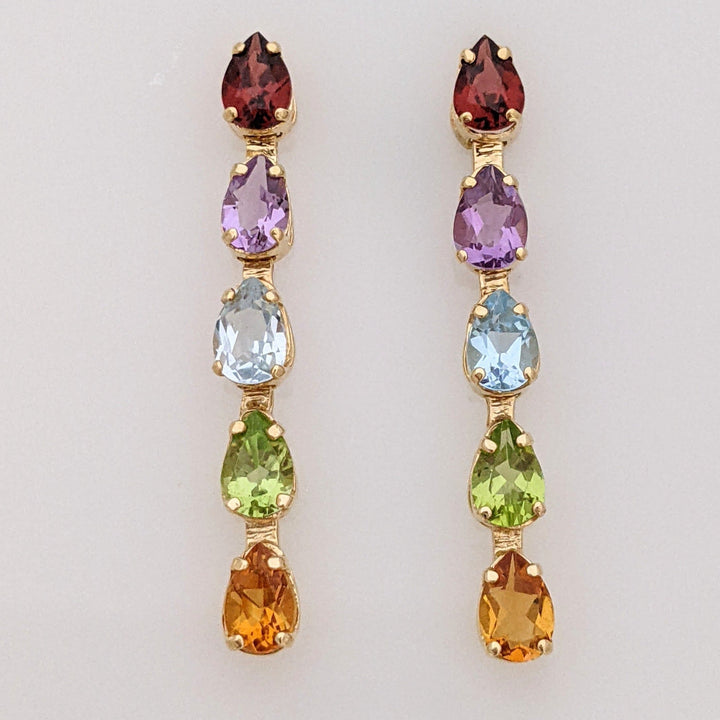 14K GARNET, AMETHYST, BLUE TOPAZ, PERIDOT, CITRINE PEAR 4X6 (10) DROP ESTATE EARRINGS 2.5 GRAMS